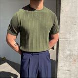 Tarz Cool Erkek Polo Yaka Çizgili Triko T-Shirt - Haki