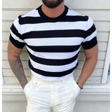 Tarz Cool Erkek Polo Yaka Çizgili Triko T-Shirt - M - Beyaz - Siyah