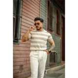 Tarz Cool Erkek Polo Yaka Çizgili Triko T-Shirt - M - Beyaz - Taş