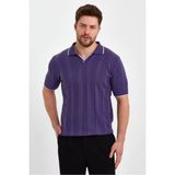 Tarz Cool Erkek Polo Yaka Çizgili Triko T-Shirt - Mor