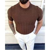Tarz Cool Erkek Polo Yaka Çizgili Triko T-Shirt - XL - Kahverengi