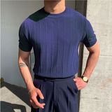 Tarz Cool Erkek Polo Yaka Lacivert Çizgili Triko T-Shirt M Beden Şık ve Rahat Stil