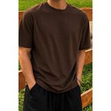 Tarz Cool Erkek Regular Fit Bisiklet Yaka Basic Tişört 2 Iplik Şardonsuz %100 Pamuk Günlük Rahat T-Shirt - Kahverengi