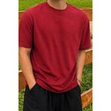 Tarz Cool Erkek Regular Fit Bisiklet Yaka Basic Tişört 2 Iplik Şardonsuz %100 Pamuk Günlük Rahat T-Shirt - Kırmızı