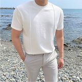 Tarz Cool Erkek Şeritli Triko T-Shirt - Beyaz - Siyah