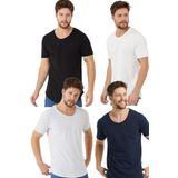 Tarz Cool Erkek Siyah-Beyaz-Lacivert-Ekru 4'Lü Oval Etek Geniş Yaka %100 Pamuk Kısa Kollu Tişört