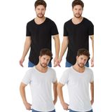 Tarz Cool Erkek Siyah-Beyaz-Siyah-Beyaz 4'Lü Oval Etek Geniş Yaka %100 Pamuk Kısa Kollu Tişört