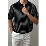 Tarz Cool Erkek Siyah Çizgili Düğmeli Regular Fit Triko T-Shirt