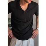 Tarz Cool Erkek Siyah Çizgili Kısa Kollu Triko T-Shirt