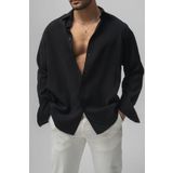 Tarz Cool Erkek Siyah Düz Keten Oversize Gömlek
