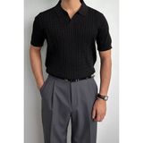 Tarz Cool Erkek Siyah Fitilli Polo Yaka Kısa Kol Triko T-Shirt Günlük Stil ve Konfor