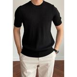 Tarz Cool Erkek Siyah Fitilli Slim Fit Bisiklet Yaka Triko T-Shirt - XL