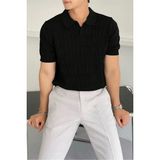 Tarz Cool Erkek Siyah Ince Saç Örgülü Slim Fit Polo Yaka Triko T-Shirt