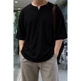 Tarz Cool Erkek Siyah Oversize %100 Keten V Yaka Kısa Kollu Tişört – Rahat Kalıp Yazlık Keten T-Shirt