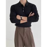 Tarz Cool Erkek Siyah Polo Yaka Düğmeli Triko Kazak Uzun Kol Günlük Stil