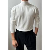 Tarz Cool Erkek Siyah Tam Balıkçı Slim Fit Triko Kazak - Beyaz