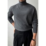 Tarz Cool Erkek Siyah Tam Balıkçı Slim Fit Triko Kazak - Füme