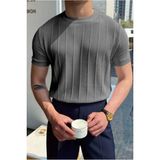 Tarz Cool Erkek Slim Dar Bisiklet Yaka Düz Triko T-Shirt - Füme