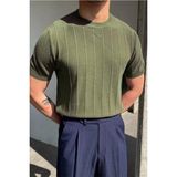 Tarz Cool Erkek Slim Dar Bisiklet Yaka Düz Triko T-Shirt - Haki