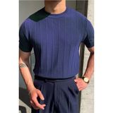 Tarz Cool Erkek Slim Dar Bisiklet Yaka Düz Triko T-Shirt - Lacivert