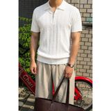 Tarz Cool Erkek Slim Fit Fermuarlı Polo Yaka Saç Örgü Desenli Triko Tişört – Yazlık Pamuklu Esnek Örme - Beyaz - XL