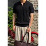 Tarz Cool Erkek Slim Fit Fermuarlı Polo Yaka Saç Örgü Desenli Triko Tişört – Yazlık Pamuklu Esnek Örme - Siyah - XL