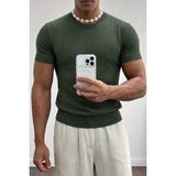 Tarz Cool Erkek Slim Fit Fitilli Triko Tişört Bisiklet Yaka Premium Pamuk Basic Yazlık T-Shirt - Haki