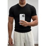 Tarz Cool Erkek Slim Fit Fitilli Triko Tişört Bisiklet Yaka Premium Pamuk Basic Yazlık T-Shirt - Siyah - XL