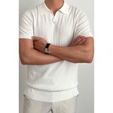 Tarz Cool Erkek Slim Fit Kısa Kol Beyaz Fitilli Polo Yaka Triko T-Shirt Günlük Kullanım İçin