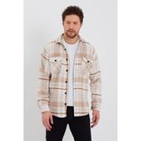 Tarz Cool Erkek Slim Fit Uzun Kollu Çift Cepli Ekoseli Oduncu Gömlek - XL - Kırık Beyaz –Turuncu