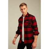 Tarz Cool Erkek Slim Fit Uzun Kollu Çift Cepli Ekoseli Oduncu Gömlek - XL - Kırmızı