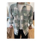 Tarz Cool Erkek Su Yeşili-Beyaz Çift Cep Kapaklı Slim Fit Oduncu Gömlek