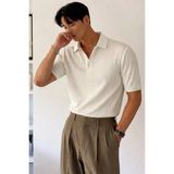 Tarz Cool Erkek Triko Polo Yaka Tişört Slim Ince Dokulu Şık Basic Triko T-Shirt - Beyaz