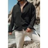 Tarz Cool Erkek Uzun Kollu Gömlek Yaka Keten Oversize Gömlek - Siyah - 2XL