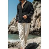 Tarz Cool Erkek Uzun Kollu Gömlek Yaka Keten Oversize Gömlek - Siyah - XL
