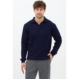 Tarz Cool Erkek Uzun Kollu Polo Yaka Triko Kazak Bej Renk Slim Fit Tasarım - Lacivert