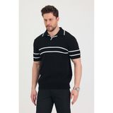 Tarz Cool Erkek Yaka Kol Göğüs Beyaz Çizgi Detaylı Siyah Triko T-Shirt - M