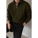 Tarz Cool Erkek Yarım Fermuarlı Saç Örgü Triko Kazak - Haki - XL