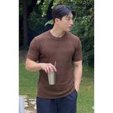 Tarz Cool Fitilli Triko Tişört Erkek Slim Fit Yazlık Premium Basic Üst - Kahverengi - XL