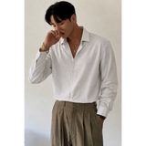 Tarz Cool Flamlı Keten Desenli Erkek Regular Uzun Kollu Apaj Yaka Gömlek - Bej - 2XL