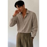 Tarz Cool Flamlı Keten Desenli Erkek Regular Uzun Kollu Apaj Yaka Gömlek - Kahverengi - 2XL