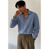 Tarz Cool Flamlı Keten Desenli Erkek Regular Uzun Kollu Apaj Yaka Gömlek - Lacivert - 2XL