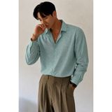 Tarz Cool Flamlı Keten Desenli Erkek Regular Uzun Kollu Apaj Yaka Gömlek - Turkuaz - 2XL