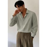 Tarz Cool Flamlı Keten Desenli Erkek Regular Uzun Kollu Apaj Yaka Gömlek - Yeşil - 2XL