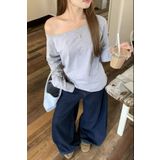 Tarz Cool Gri Kadın Düşük Omuz Kayık Yaka Oversize Uzun Kollu T-Shirt