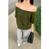 Tarz Cool Haki Kadın Düşük Omuz Kayık Yaka Oversize T-Shirt