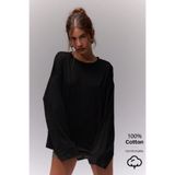 Tarz Cool Kadın %100 Pamuk Bisiklet Yaka Oversize Fit Uzun Kollu Siyah T-shirt