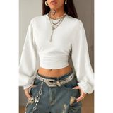 Tarz Cool Kadın Beyaz Bisiklet Yaka Belden Oturtmalı Tasarım Sweatshirt