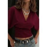 Tarz Cool Kadın Beyaz V Yaka Drape Detaylı Crop Bluz – Rahat Kalıp Şık Günlük Üst - Bordo - M