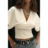 Tarz Cool Kadın Beyaz V Yaka Drape Detaylı Crop Bluz – Rahat Kalıp Şık Günlük Üst - Ekru - XL